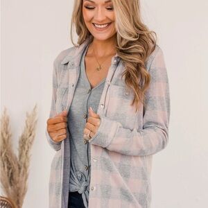 Pink and Gray Plaid Button-Up Shirt